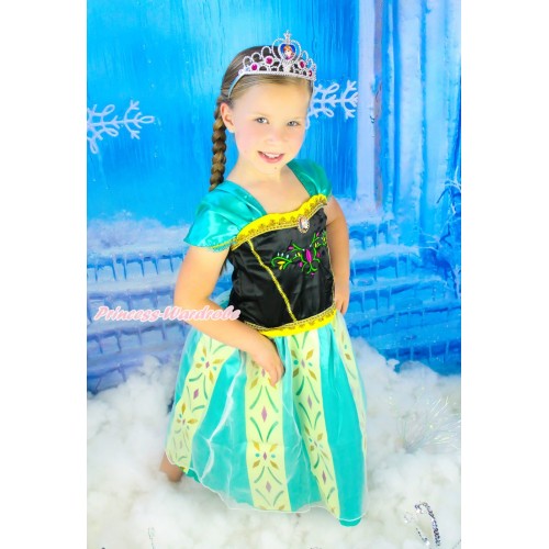 Frozen Anna Gown Black Green Flower Coronation Dress Up Party Dress & Anna Hot Pink Crystal Crowns Costume C013-1